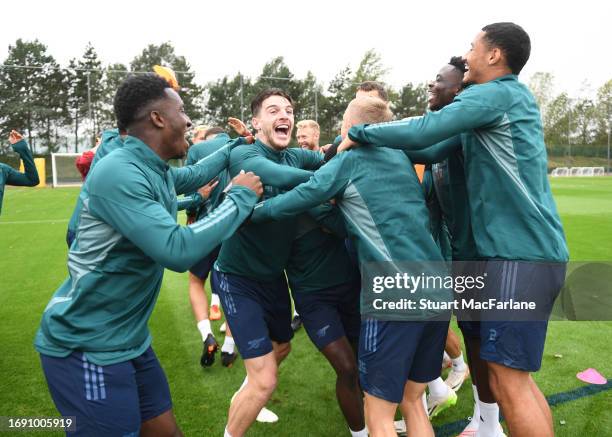 Declan Rice of Arsenal during a training session at London Colney on September 19, 2023 in St Albans, England.