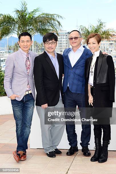 Andy Lau, Wai Ka-Fai, Johnnie To and Sammi Cheng attend the photocall for 'Blind Detective' during the 66th Annual Cannes Film Festival at Palais des...