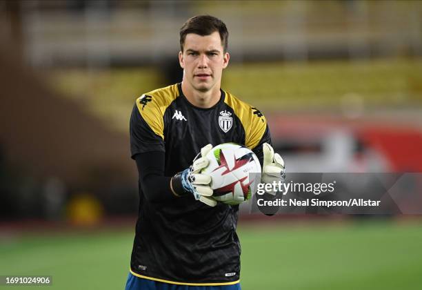 Radoslaw Majecki, goalkeeper of AS Monaco warms up before the Ligue 1 Uber Eats match between AS Monaco and OGC Nice at Stade Louis II on September...