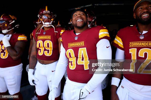 Daron Payne of the Washington Commanders prepares to take the field against the Denver Broncos at Empower Field At Mile High on September 17, 2023 in...