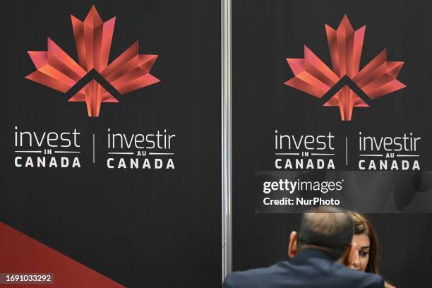 September 20, 2023 : Invest in Canada stand, seen on the fourth day of the 24th World Petroleum Congress at the BMO Center, Stampede Park, on...