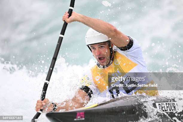 Lucien Delfour of Australia competes in the Men's Kayak Teams Final during the 2023 ICF Canoe Slalom World Championships at Lee Valley White Water...