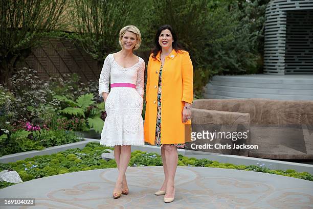 Actress Emilia Fox poses with Kirstie Allsopp in the B&Q Sentebale 'Forget-Me-Not' Garden at the Chelsea Flower Show at Royal Hospital Chelsea on May...
