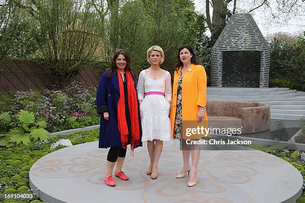 Actress Emilia Fox poses with garden designer Jinny Blom and Kirstie Allsopp in the B&Q Sentebale 'Forget-Me-Not' Garden at the Chelsea Flower Show...