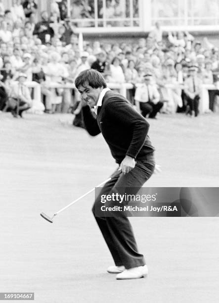 Severiano Ballesteros of Spain celebrates holing his winning putt for birdie on the 18th green during the final round of the 1984 Open Championship...