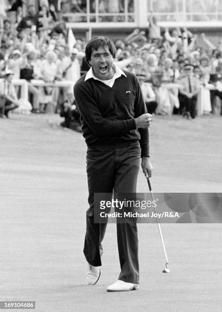 Severiano Ballesteros of Spain celebrates holing his winning putt for birdie on the 18th green during the final round of the 1984 Open Championship...