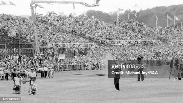 Severiano Ballesteros plays his approach shot to the 18th green during the final round of the 1984 Open Championship held on the Old Course at St...