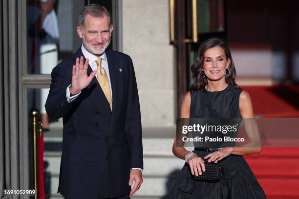 King Felipe VI of Spain and Queen Letizia of Spain attend the opening of the 2023/2034 season of the Royal Theatre on September 19, 2023 in Madrid,...