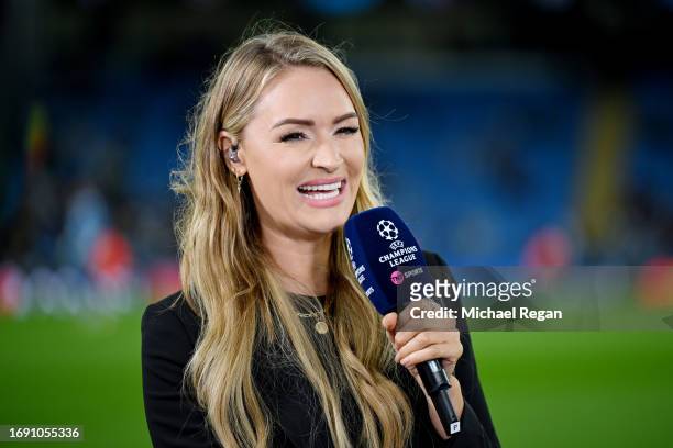 Laura Woods, TNT Sports presenter, reacts prior to the UEFA Champions League Group G match between Manchester City and FK Crvena zvezda at Etihad...