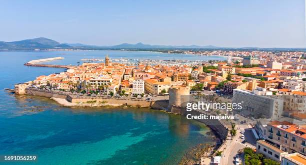 aerial view of alghero, city on sadinia island, italy - alghero stock pictures, royalty-free photos & images