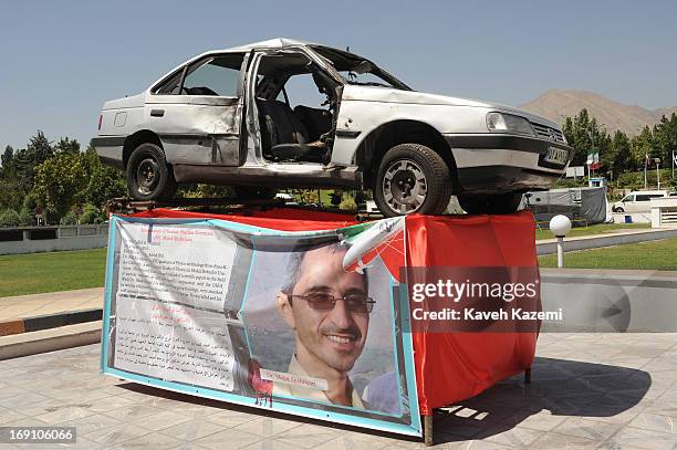 The car of Dr. Majid Shahriyari Iran's assassinated nuclear scientist with scars of explosion which led to his death is exhibited in the venue of Non...