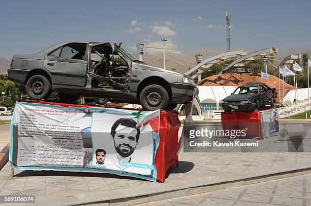 The car of Mr. Ahmadi Roshan Iran's assassinated nuclear scientist with scars of explosion which led to his death is exhibited in the venue of Non...
