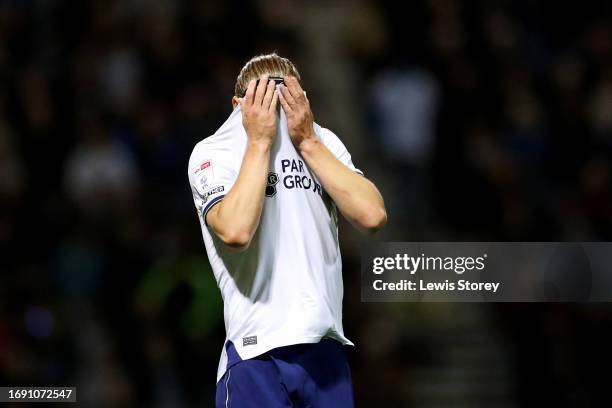 Brad Potts reacts after a missed chance during the Sky Bet Championship match between Preston North End and Birmingham City at Deepdale on September...