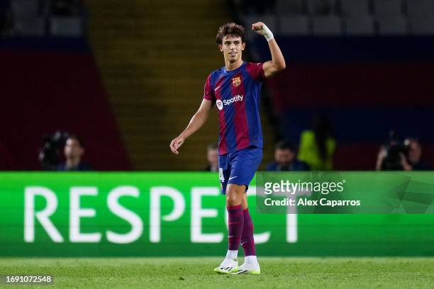 Joao Felix of Barcelona celebrates after scoring the team's first goal during the UEFA Champions League Group H match between FC Barcelona and Royal...