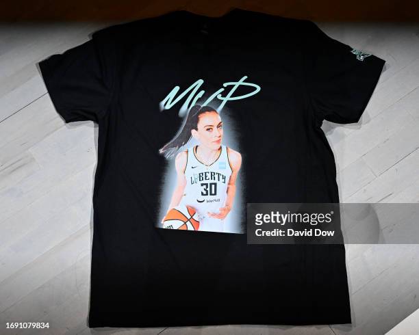 Shirt of Breanna Stewart of the New York Liberty being named the 2023 WNBA Most Valuable Player before the game against the Connecticut Sun during...