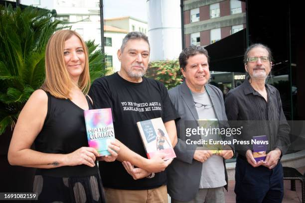 The winners of the Premis Literaris de Girona Sonia Guillen Colomer, Jordi Sole, Josep Muñoz and Jordi Sola, pose for Europa Press at the Hotel...