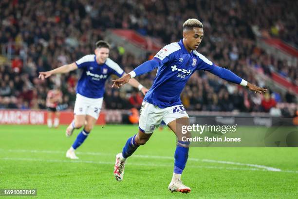 Omari Hutchinson of Ipswich Town celebrates after scoring the opening goal during the Sky Bet Championship match between Southampton FC and Ipswich...