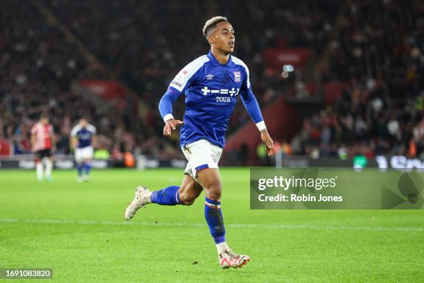 Omari Hutchinson of Ipswich Town celebrates after scoring the opening goal during the Sky Bet Championship match between Southampton FC and Ipswich...