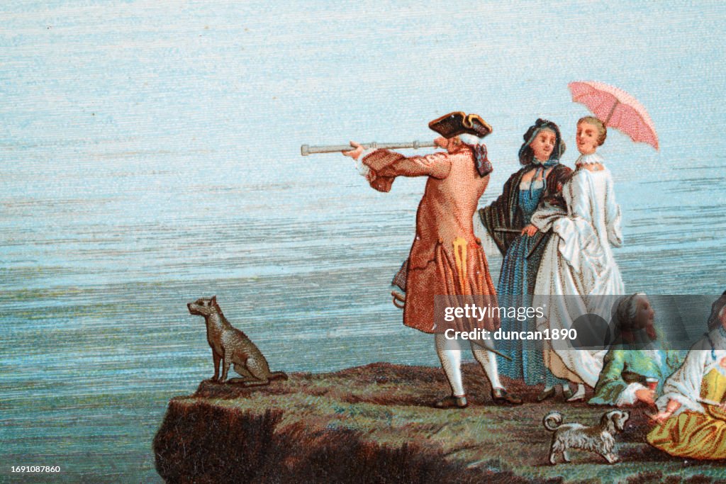 Vintage illustration of man looking out to sea through telescope, loyal dog, 18th Century style