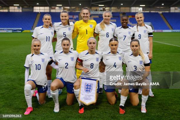 England team group before the Women's International Friendly between England Women U23 and Belgium U23 at The Croud Meadow on September 25, 2023 in...