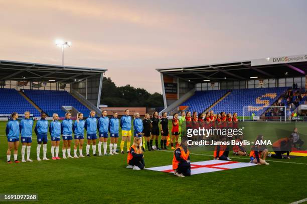 England Women U23 team line up before the Women's International Friendly between England Women U23 and Belgium U23 at The Croud Meadow on September...