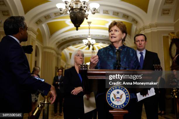 Sen. Jeanne Shaheen speaks during a news conference alongside Sen. Patty Murray and and Sen. Chris Murphy following the weekly Senate Democratic...