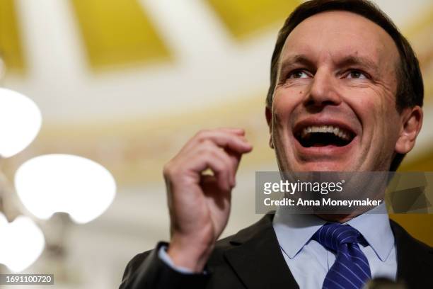 Sen. Chris Murphy speaks during a news conference following the weekly Senate Democratic policy luncheon meeting at the U.S. Capitol Building on...