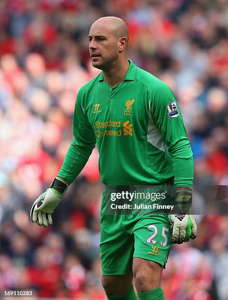 Pepe Reina of Liverpool issues looks on during the Barclays Premier League match between Liverpool and Queens Park Rangers at Anfield on May 19, 2013...