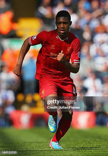 Jordan Ibe of Liverpool in action during the Barclays Premier League match between Liverpool and Queens Park Rangers at Anfield on May 19, 2013 in...