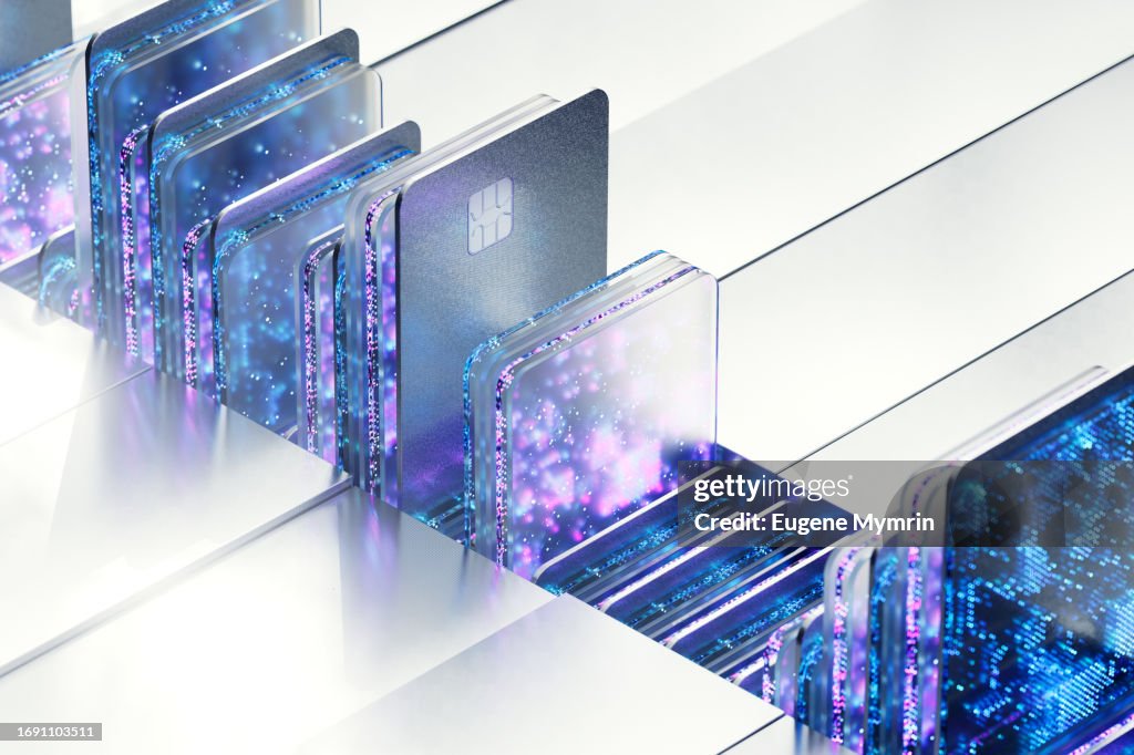 Fintech Innovation. Bridging Fintech and AI. Digitally Generated Image of Coloured Credit Cards and Digital Data Flowing. Data Insights.