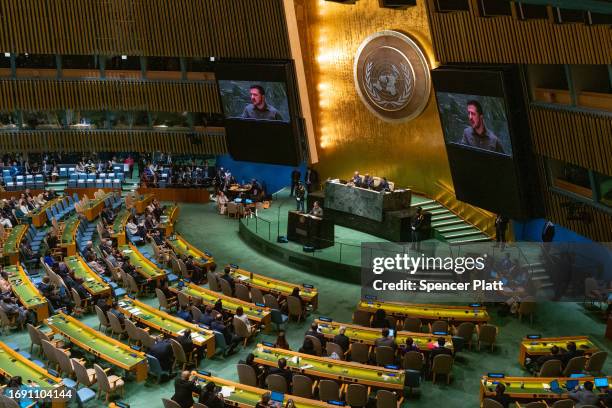 President of Ukraine Volodymyr Zelensky addresses world leaders during the United Nations General Assembly on September 19, 2023 in New York City....