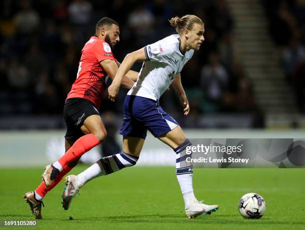 Keshi Anderson of Birmingham City tackles Brad Potts of Preston North End during the Sky Bet Championship match between Preston North End and...