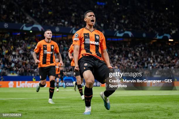 Kevin Kelsy of Donetsk. Celebrates after scoring his team's first goal during the UEFA Champions League match between FC Shakhtar Donetsk and FC...