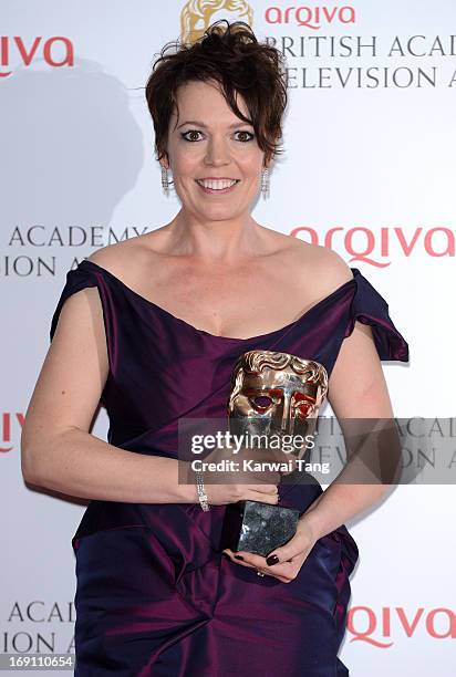 Olivia Colman poses in the press room at the Arqiva British Academy Television Awards 2013 at the Royal Festival Hall on May 12, 2013 in London,...