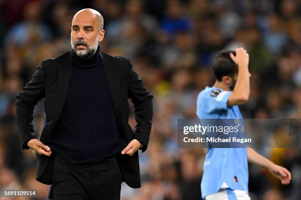 Pep Guardiola, Manager of Manchester City, reacts during the UEFA Champions League Group G match between Manchester City and FK Crvena zvezda at...