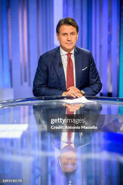 President of the Five Star Movement Giuseppe Conte is seen on the set of the tv show "Porta A Porta" at Rai Studios, on September 19, 2023 in Rome,...