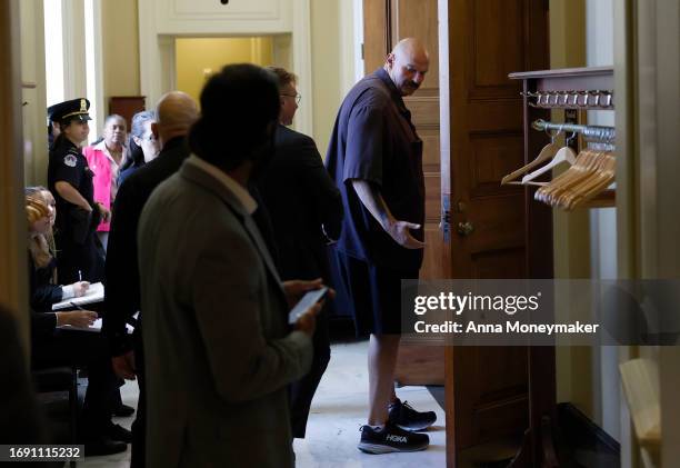 Sen. John Fetterman arrives to a weekly Senate Democratic policy luncheon meeting at the U.S. Capitol Building on September 19, 2023 in Washington,...