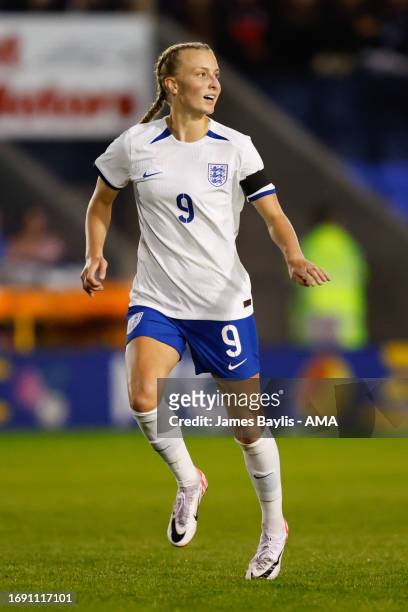 Aggie Beaver-Jones of England Women U23 during the Women's International Friendly between England Women U23 and Belgium U23 at The Croud Meadow on...