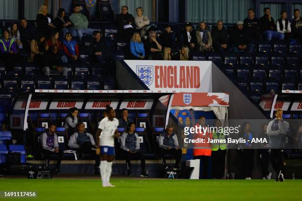 England signage and branding at The Croud Meadow, home stadium of Shrewsbury Town during the Women's International Friendly between England Women U23...