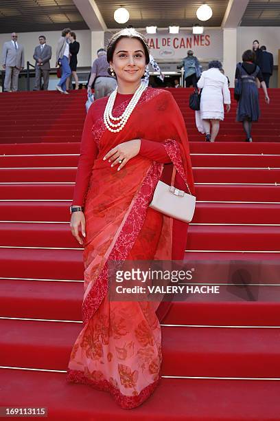 Indian actress and member of the Feature Film Jury Vidya Balan poses on the red carpet on May 20, 2013 as she arrives for the screening of the film...