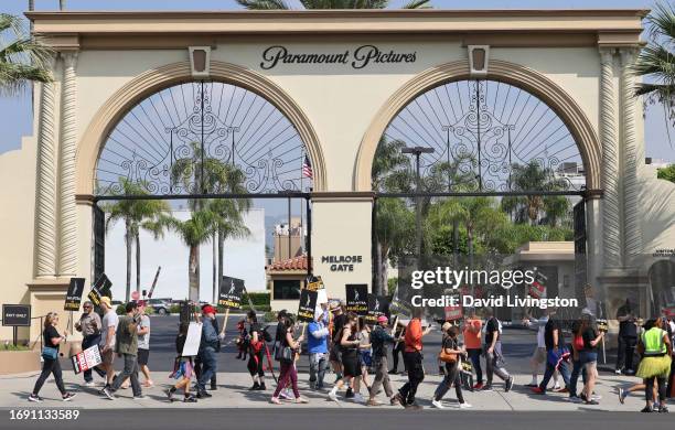 Protesters join the picket line outside Paramount Studios on September 19, 2023 in Los Angeles, California. Members of SAG-AFTRA and WGA have both...