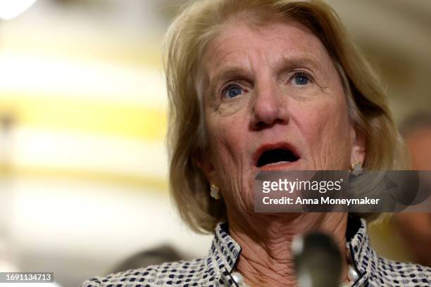 Sen. Shelley Moore Capito speaks during a news conference following the weekly Republican Senate policy luncheon meeting at the U.S. Capitol Building...