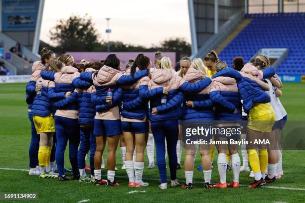 England players huddle before kick off during the Women's International Friendly between England Women U23 and Belgium U23 at The Croud Meadow on...