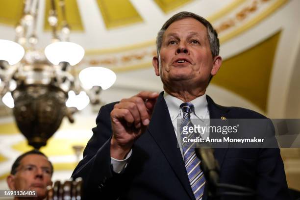 Sen. Steve Daines speaks during a news conference following the weekly Republican Senate policy luncheon meeting at the U.S. Capitol Building on...