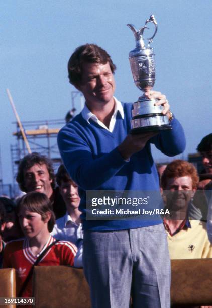 Tom Watson of The USA with the Claret Jug after his victory during the 1982 Open Championship held at Royal Troon Golf Club on July 18, 1982 in...