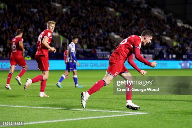 Darragh Lenihan of Middlesbrough celebrates after scoring the team's first goal during the Sky Bet Championship match between Sheffield Wednesday and...