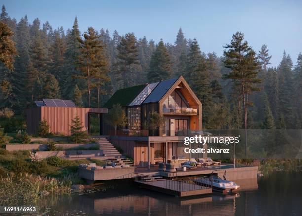3d render of a forest house by the lake at dawn - summer cottage stock pictures, royalty-free photos & images