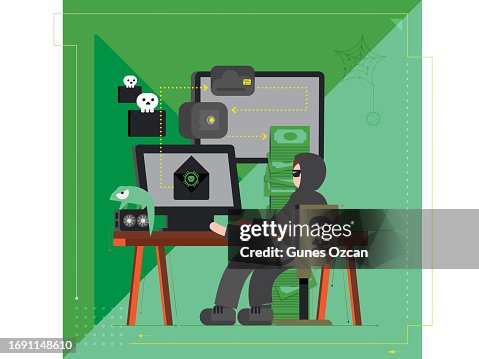Flat Design Hacker Working on Hacking Computers - Hacker Sending Spam Emails - Hacker in a Room Stealing Money, Credit Card and Personal Information - Hacker Infographic Flat Design Hacker Working on Hacking Computers - Hacker Sending Spam Emails - Hacker in a Room Stealing Money, Credit Card and Personal Information - Hacker Infographic