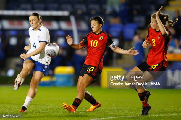 Ruby Mace of England Women U23 has a shot at goal during the Women's International Friendly between England Women U23 and Belgium U23 at The Croud...