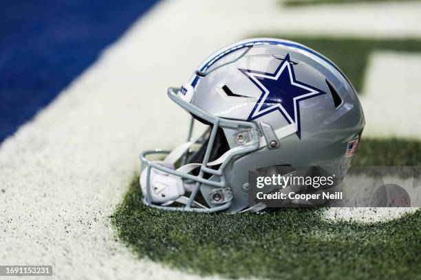 Detailed view of Dallas Cowboys helmet prior to a football game at AT&T Stadium on September 17, 2023 in Arlington, Texas.